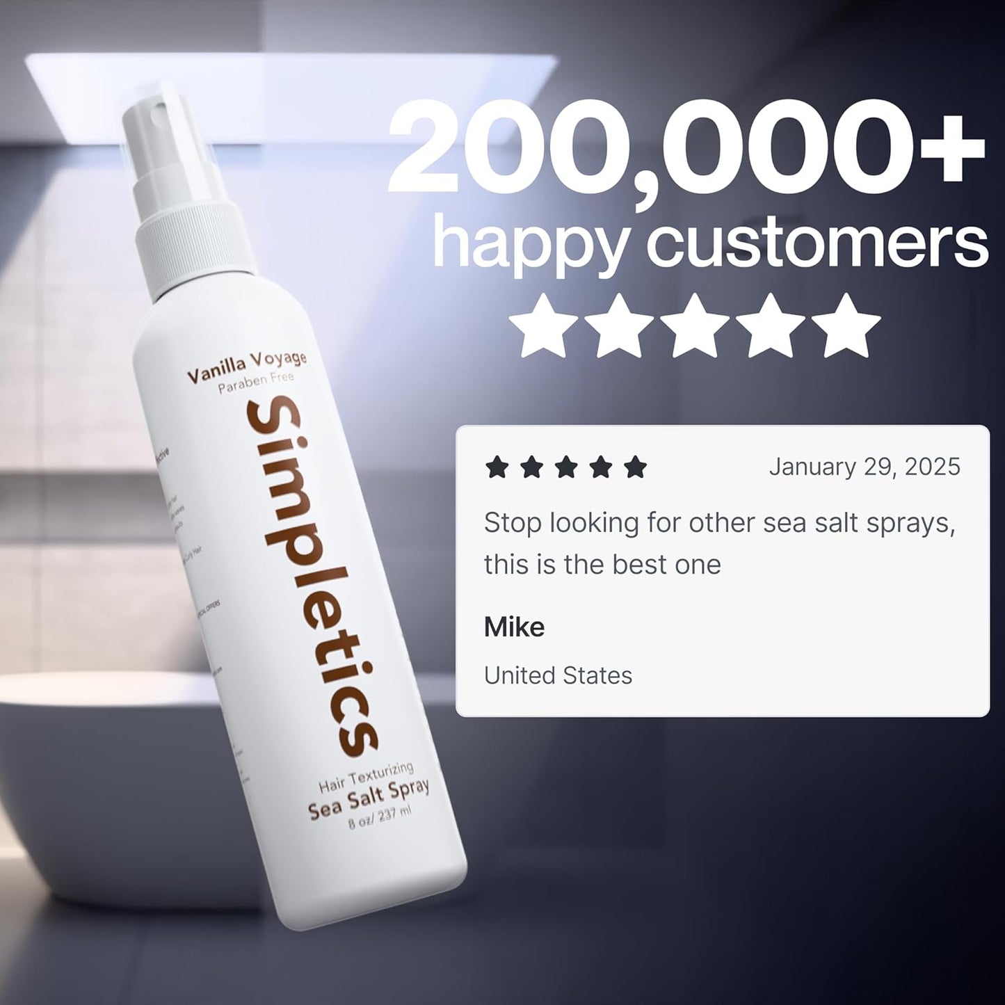 Simpletics Himalayan Sea Salt Hair Spray (Tropical Scent) – Natural 5-Ingredient Formula for Beach Waves & Volume – Light Hold, Non-Greasy, Paraben & Sulfate Free – Unisex 8 fl oz