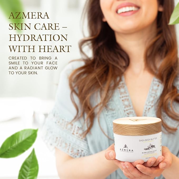 AZMERA Shea Body Butter - Organic Body Butter for Women & Men Dry Skin Rich in Antioxidants & Vitamin E - Vegan Shea Butter Moisturizer, Raw Shea Butter from Africa (Vanilla Bean, 250ML)