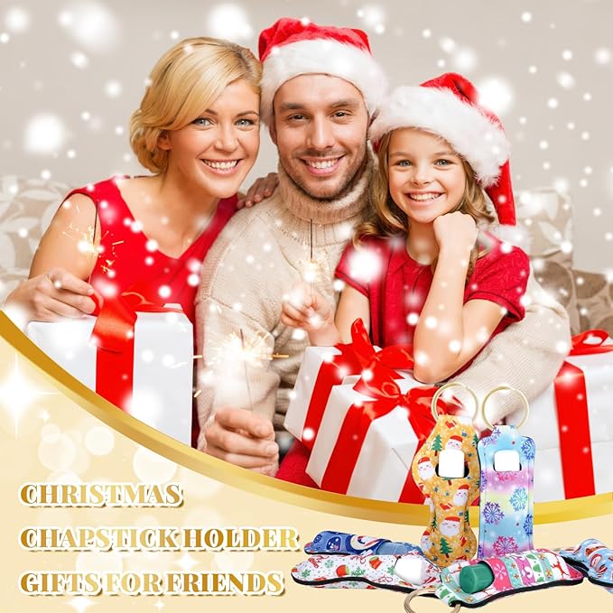 Chapstick Holder Keychain, Lip Balm Holder Sleeve Pouch with Clip On, Lip Gloss Lipstick Holder Keychain Gift for Friends Women Girls Boys and Man (Christmas Style, 6pcs)