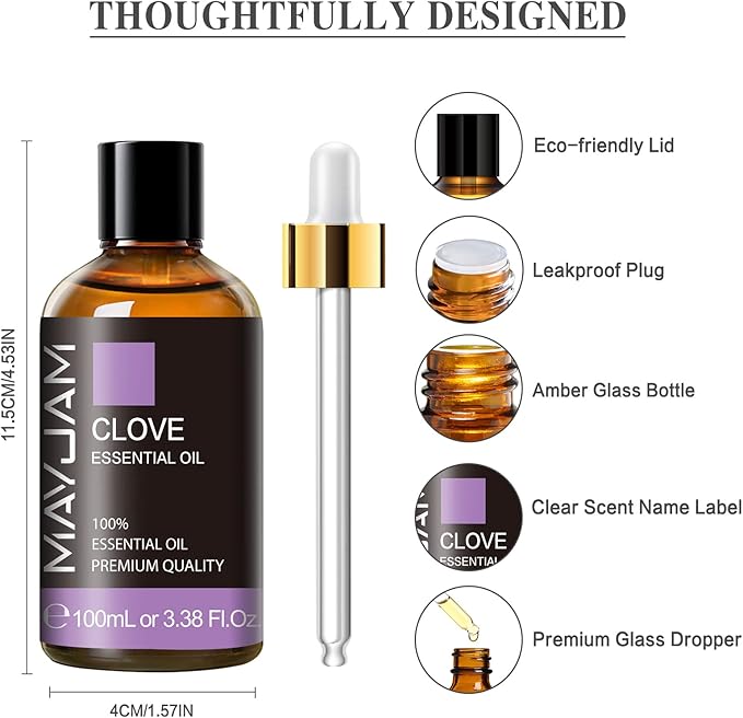 Clove Essential Oil, 3.38FL.OZ Pure Essential Oils by MAYJAM, Large Volume Clove Oil, Perfect for Aromatherapy Diffuser, Great for DIY Candle and Soap Making