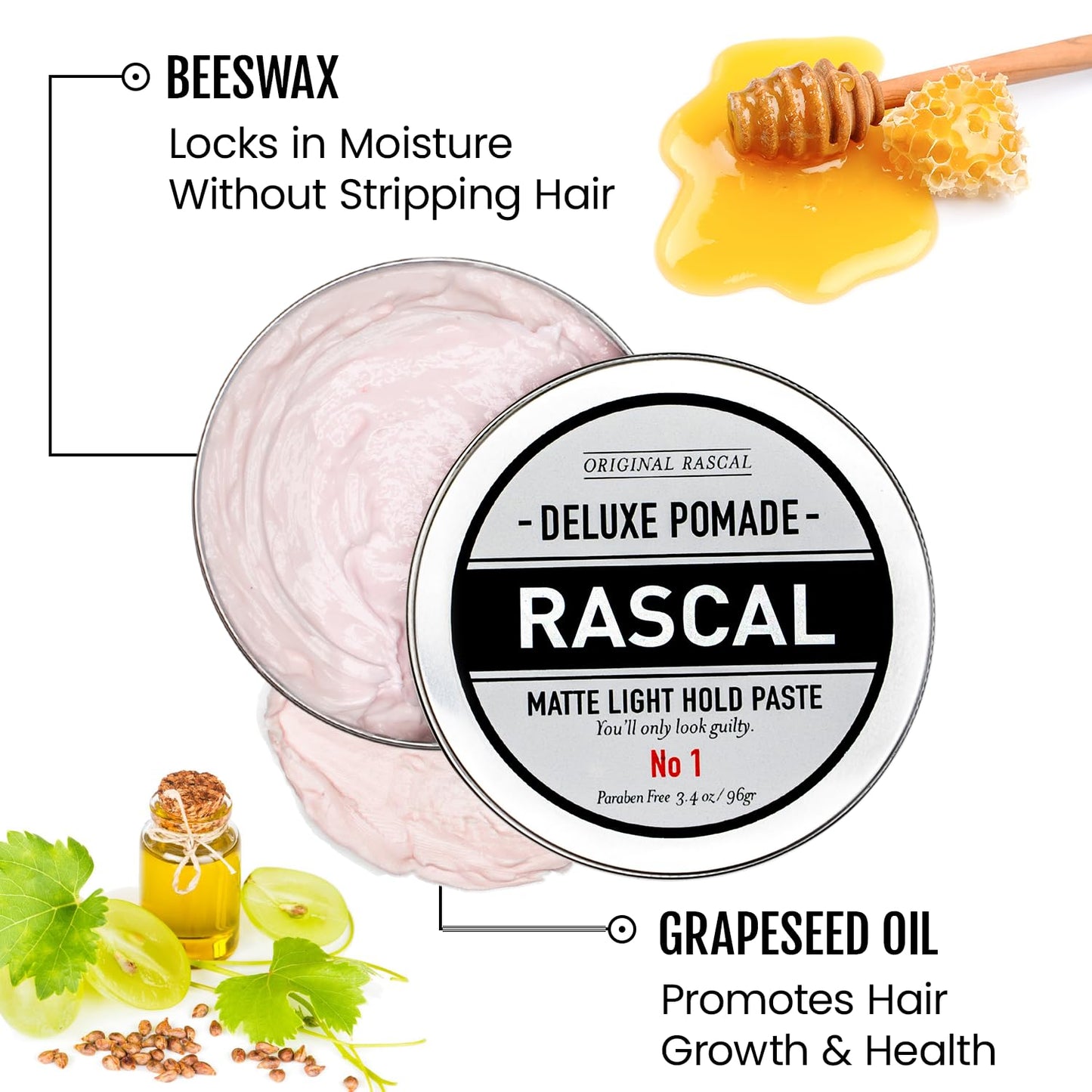 Original Rascal Deluxe Pomade for Men #1 - Matte Hair Paste with Light Hold & Shine - Men's Styling Dry Care Solution Product for All Hair Types - Natural Infused with Beeswax & Grapeseed Oil - 3.4 oz