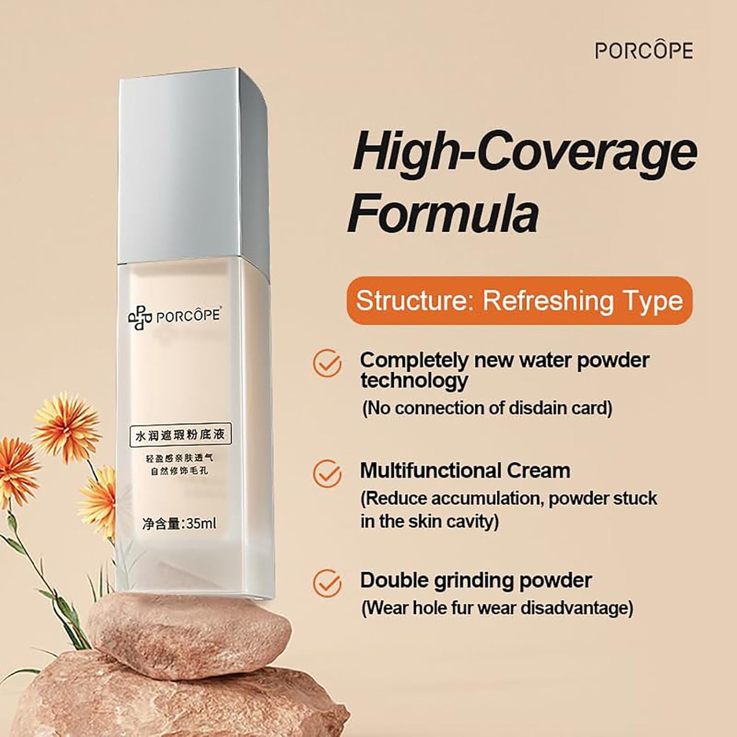 PORCOPE Small Silver Cap Liquid Foundation Modifies Pores and Blemishes, is Not Easy to Remove Makeup, Brightens Combination Dry and Oily Skin, Fits well Without Makeup 1.2fl.oz/35ml