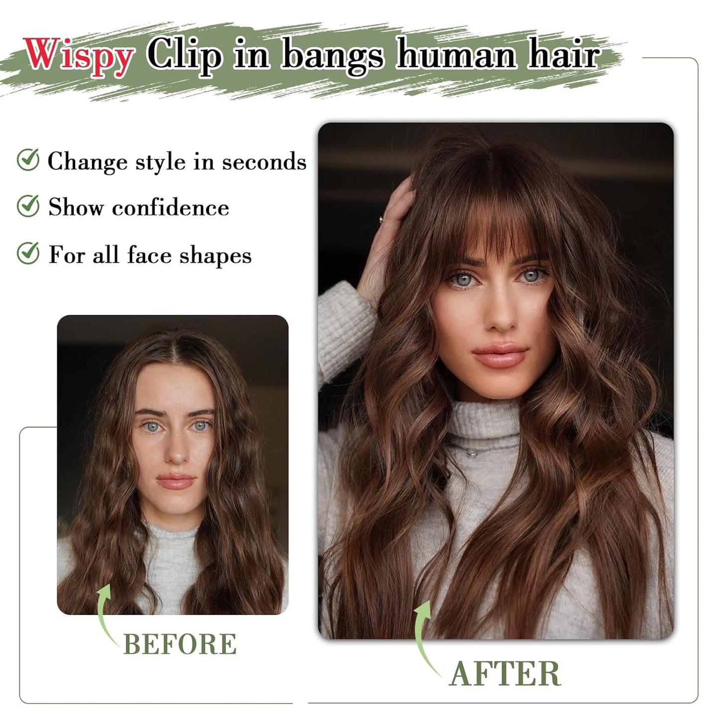 Clip in Bangs for Women - 100% Real Human Hair Wispy Bangs Hair Clip with Temples Hairpieces Fake Bangs for Daily Wear (Natural Black, Wispy Bangs)