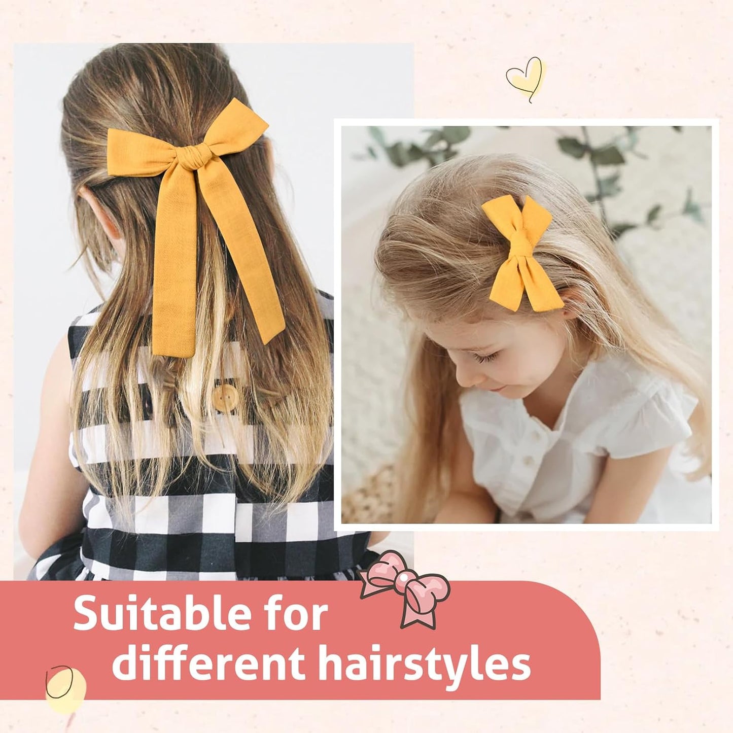 DEEKA Yellow Cotton Linen Hair Bows 2 Sizes 5"&3.5" Soft Hair Bow set for Toddler Girls Long Ponytail Knot Bows Alligator Clip Hair Accessories for Little School Girls (Ginger Yellow)