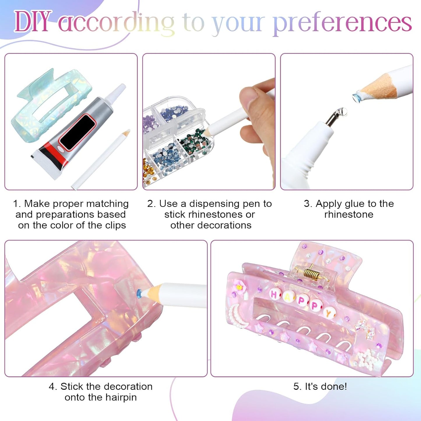 6 Set DIY Hair Claw Clips Kit Acrylic Claw Clip with Resin Rhinestones Pearls Hair Clips with Strong Hold Non-slip Banana Barrettes for Women Party Supplies for Craft DIY (Rectangle)