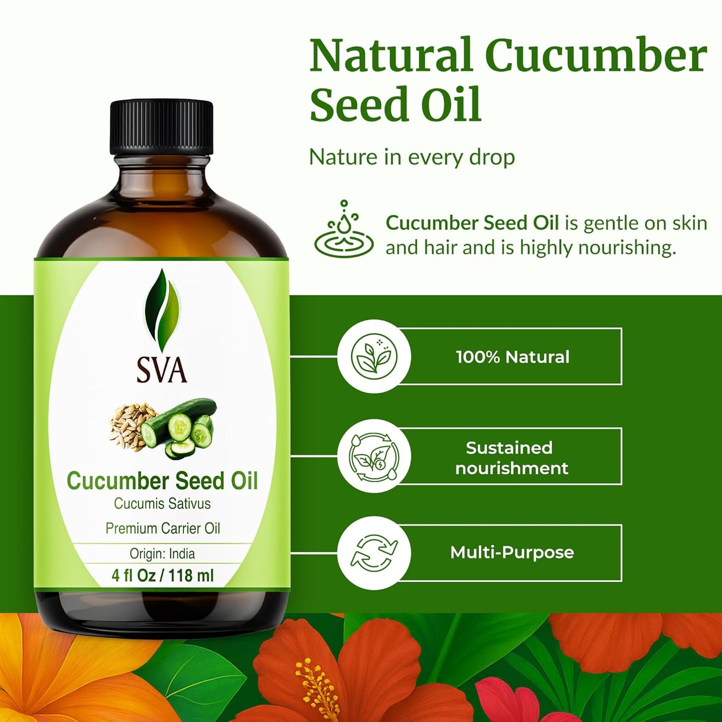 SVA Cucumber Seed Oil - 4 Fl Oz – 100% Natural Cold Pressed Cucumber Oil - for Face, Skin Care, Hair Care, Scalp Massage & Body Massage – Carrier Oil with Dropper