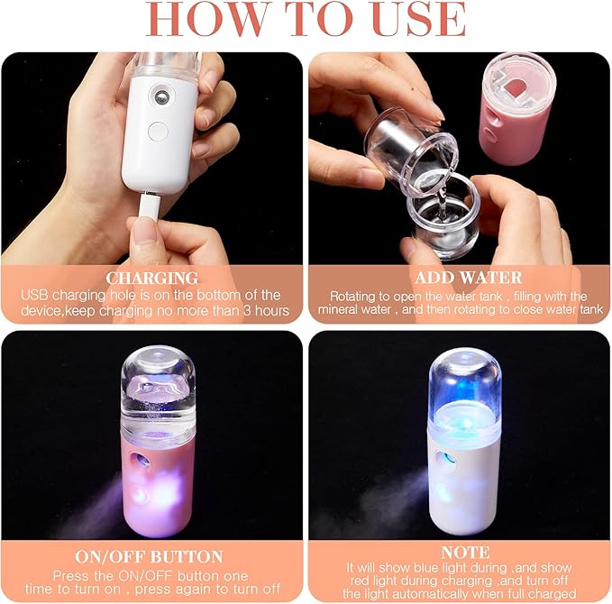 Honoson 2 Pieces Nano Facial Mister 30 ml Mini Face Humidifier Portable Facial Sprayer USB Rechargeable Handy Skin Care Machine for Face Hydrating, Daily Makeup (Light Pink and Blue)