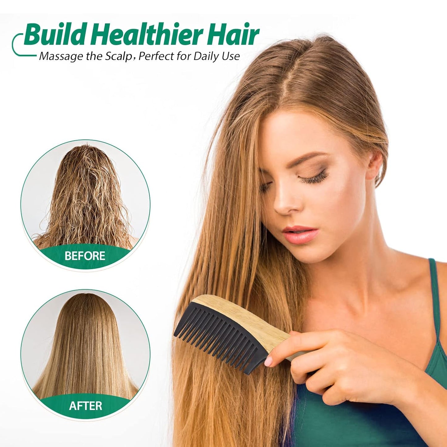 5 Pcs Handmade Bamboo Anti-Static Comb Set for Women and Men - Wide Tooth, Rat Tail, and Fine Tooth Combs for Long, Short, Thick, Thin, Wavy, and Curly Hair Detangling (Natural + Black)