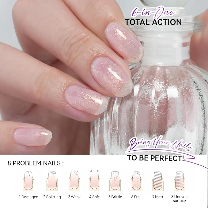 Women Nail Strengthener Protein for Daily: Glittering Pearl Gelike EC 6 in 1 Nail Treatment for Weak and Damaged Nails Everyday - Nail Polish Hardener for Home Salon Travel Spa Gift