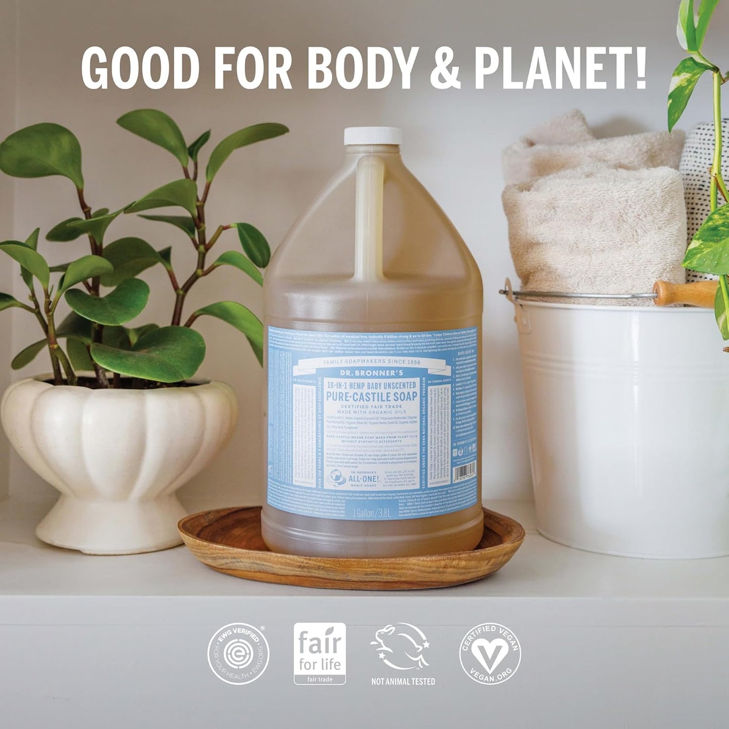 Dr. Bronner's Pure-Castile Magic Soap Liquid (Baby Unscented, 1 Gallon) – Made with Regenerative Organic Certified Oils- For Sensitive Skin, Babies, Face, Hair, Laundry, Dishes, Hand Soap & Body Wash