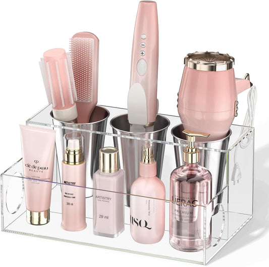 NIUBEE Hair Tool Organizer, Clear Acrylic Hair Dryer and Styling Organizer, Bathroom Countertop Blow Dryer Holder, Vanity Caddy Storage Stand for Accessories, Makeup, Toiletries