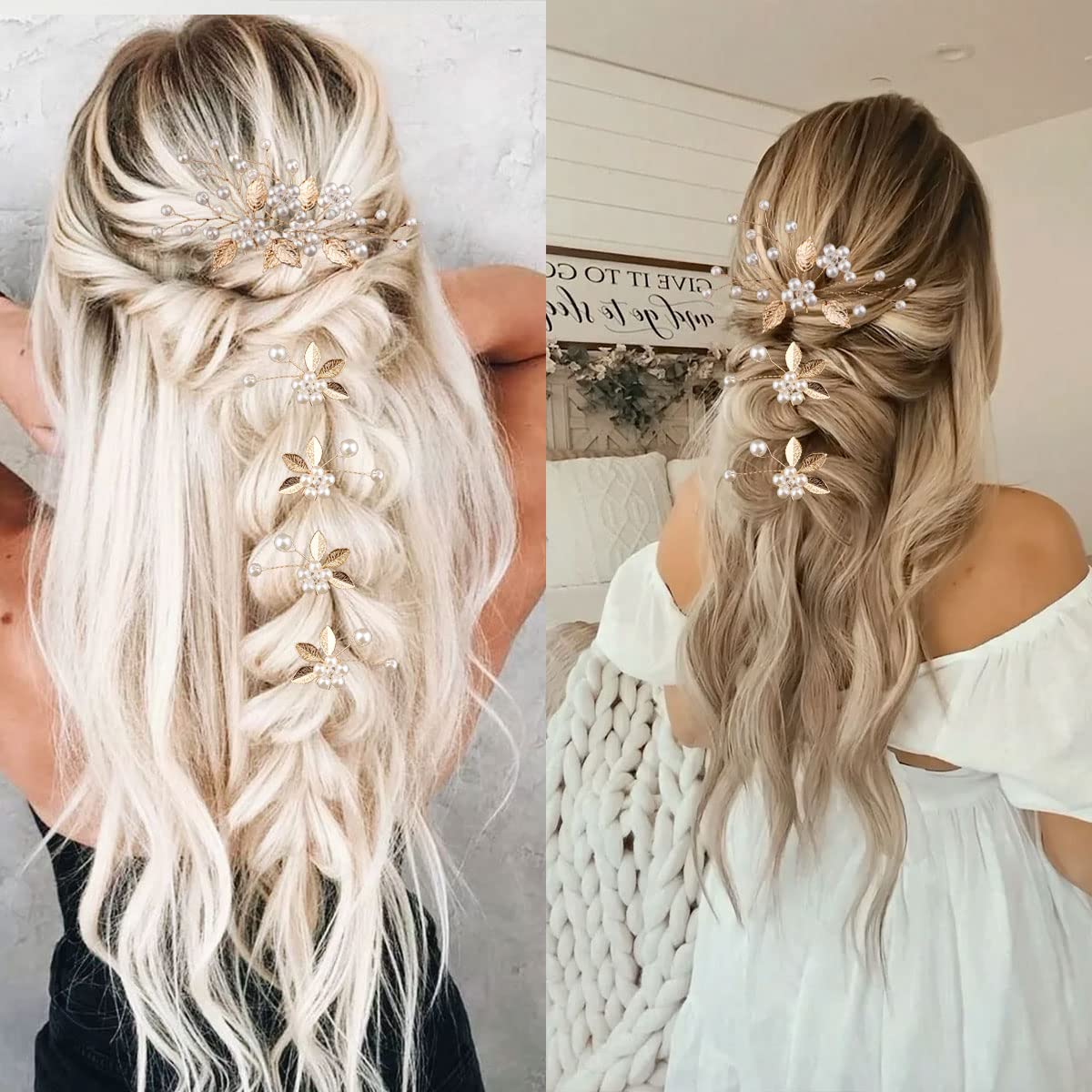 BOYIVI 7 Pieces Wedding Hair Pins Gold Leaf, Elegant Flower Hair Accessories for Brides Bridesmaids Girls Pearl Alloy Material Hair Styling Pins with Crystal, Vintage Bohemian Style