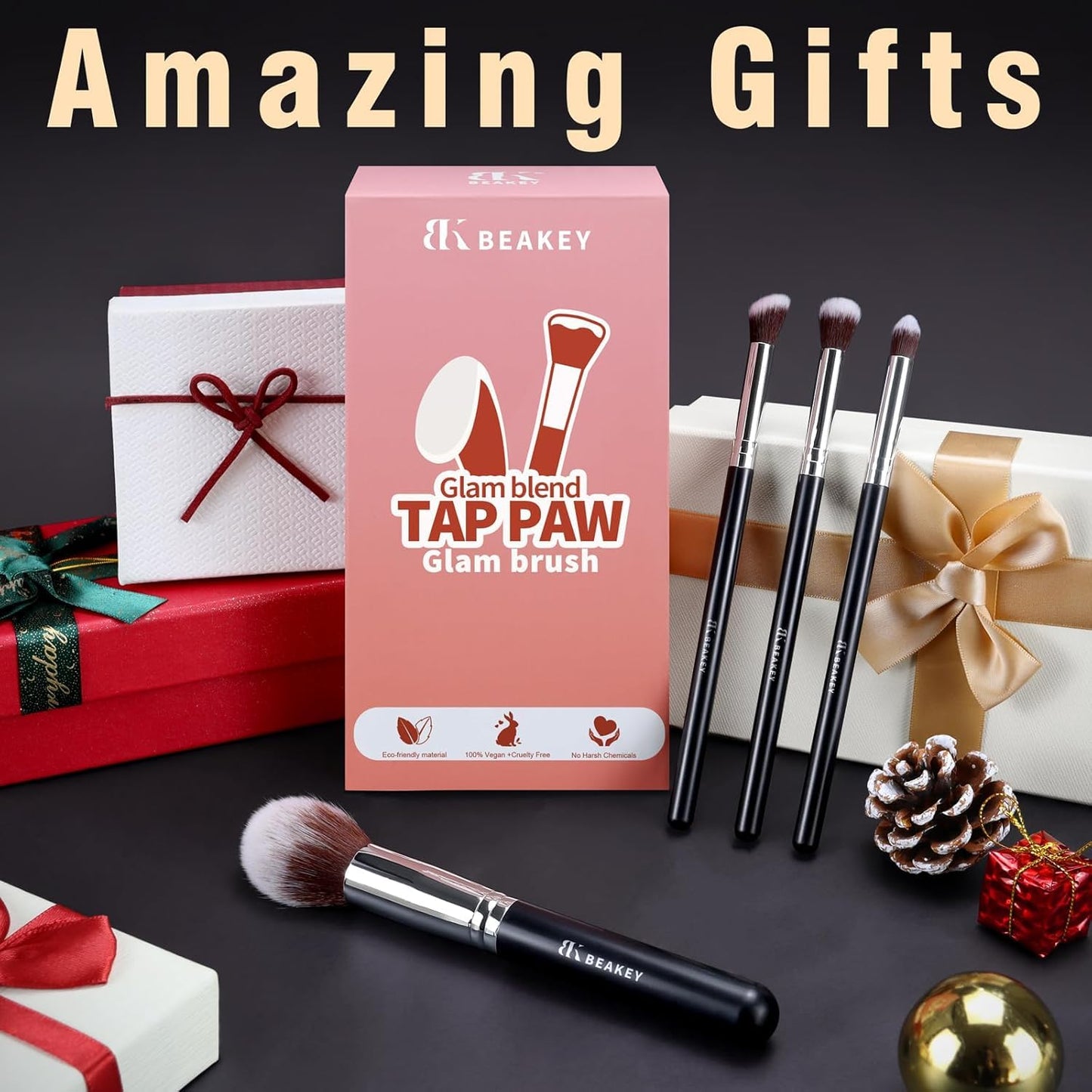 BEAKEY Makeup Brushes Set, Professional Foundation Eyeshadow Concealer Blush Powder Bronzer Applicator, 2 Blender Sponge with Beauty Paper Case stocking stuffers for women