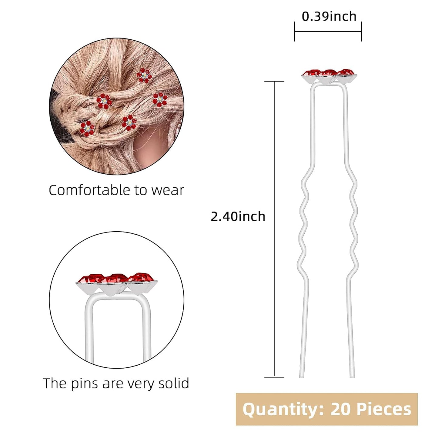 20 Pack (Red) Crystal Flower Hair Pins Rhinestone Hair Clips for Bridal Wedding Women Hair Jewelry Accessories, with Clear Container