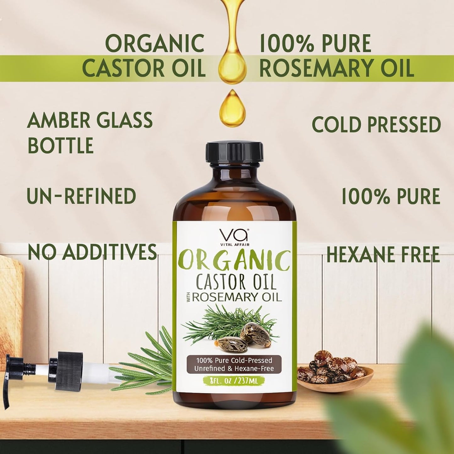 VITAL AFFAIR Organic Castor Oil With Rosemary Oil For Hair Growth - 100% Pure Rosemary Hair Oil With Pure Castor Oil Cold Pressed Unrefined Glass Bottle - Strengthening & Volumizing 8 Fl Oz
