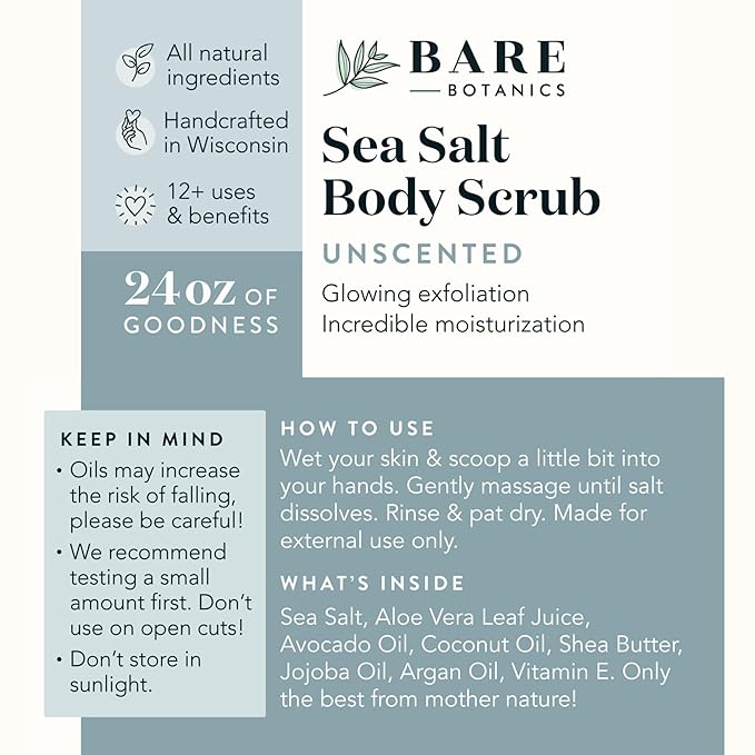 Bare Botanics Unscented Body Scrub 24 oz - Naturally Scented Sea Salt Scrub Made in Madison, WI - Formulated w/Skin Loving Moisturizers - Vegan, Cruelty Free Exfoliator w/a Cute Wooden Spoon