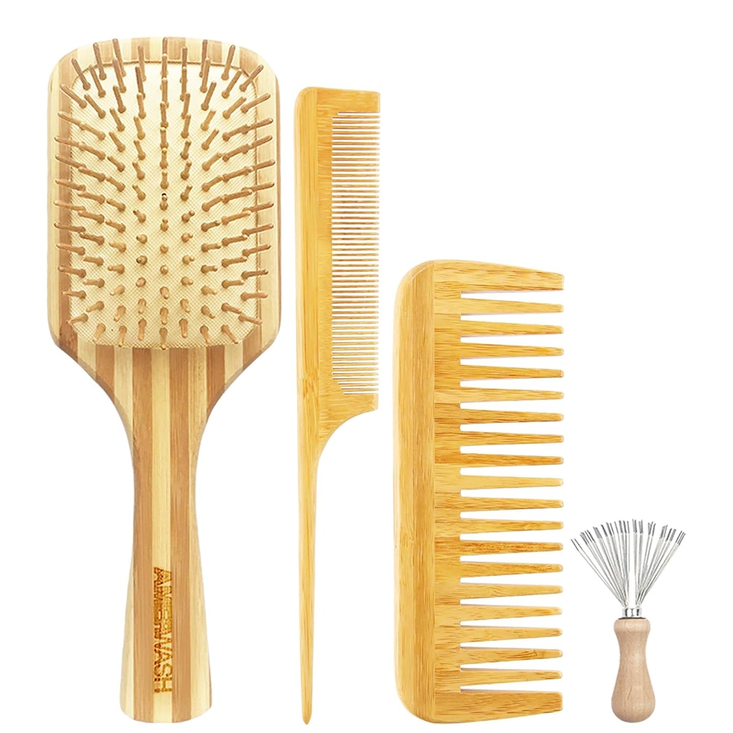Bamboo Hair Brush Comb Set for Women, Wooden Paddle Detangling Brush for Thick Thin Curly Straight Wavy Fine Hair, Wide Tooth & Tail Comb Great for Wet or Dry Use, Hairbrush Cleaning Tool Included