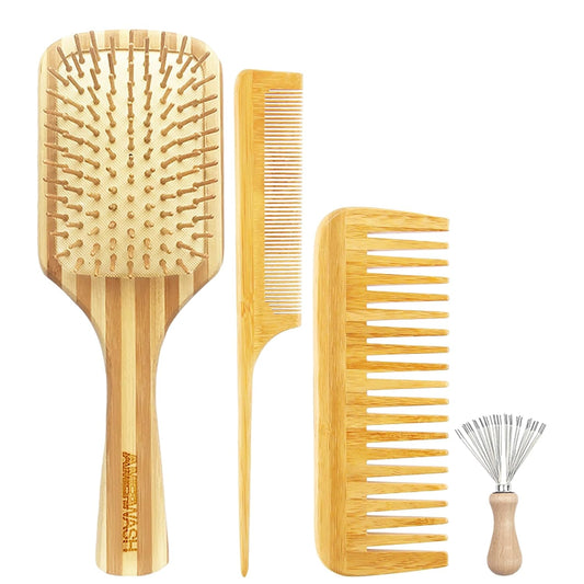 Bamboo Hair Brush Comb Set for Women, Wooden Paddle Detangling Brush for Thick Thin Curly Straight Wavy Fine Hair, Wide Tooth & Tail Comb Great for Wet or Dry Use, Hairbrush Cleaning Tool Included
