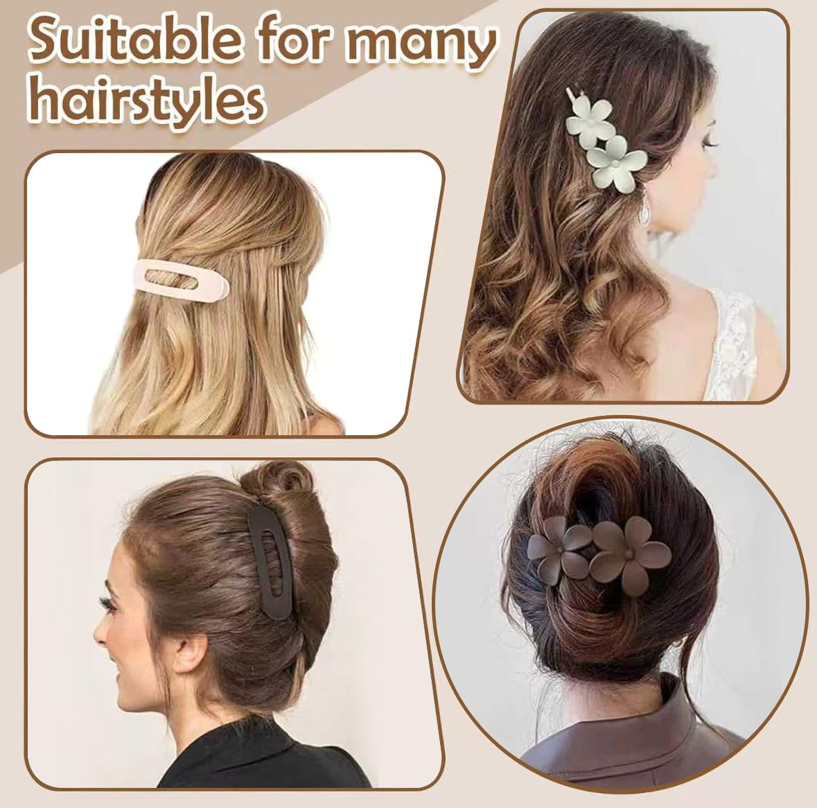5 PCS Flat Hair Clips, Medium Lay Flat Claw Clips for Women Girls, 2 Styles Stylish Matte Non-slip Hair Claws for Thick Thin Hair(Brown&Grey)