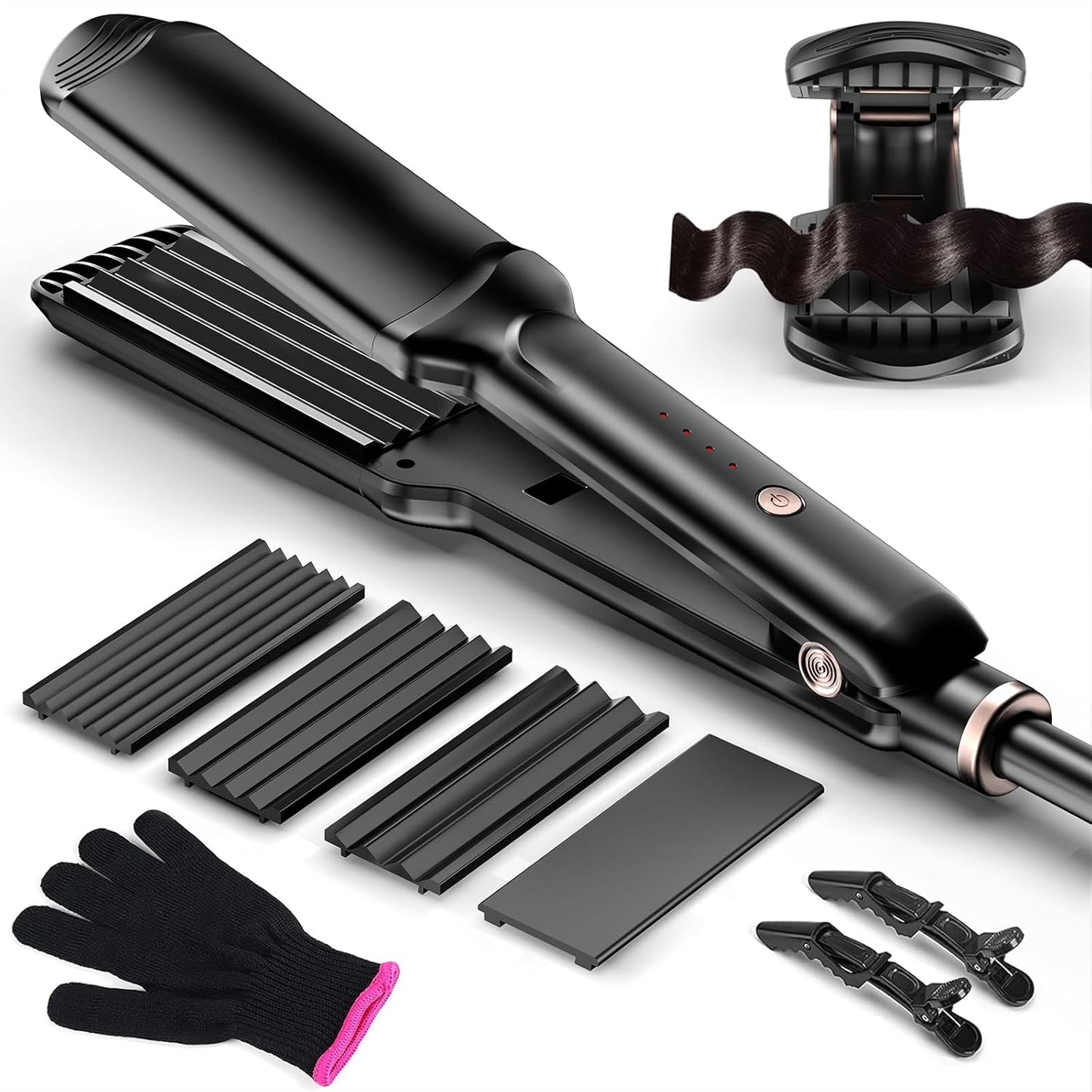 Hair Crimper Waver, Professional Hair Straightener Beach Waves Curling 4 Interchangeable Ceramic Plates, Hair Crimper Auto Temp Control Wide Plate Hairs Straightener & Styling Tool for All HairsTypes