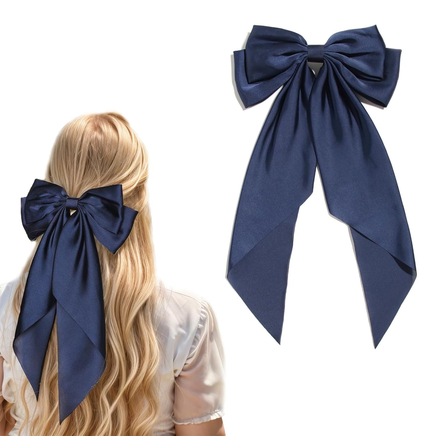 Satin Bow Barrettes and Long Ribbon Navy Hair Pins for Girls and Women - Party Hair Accessories with Bowknot Hairpins