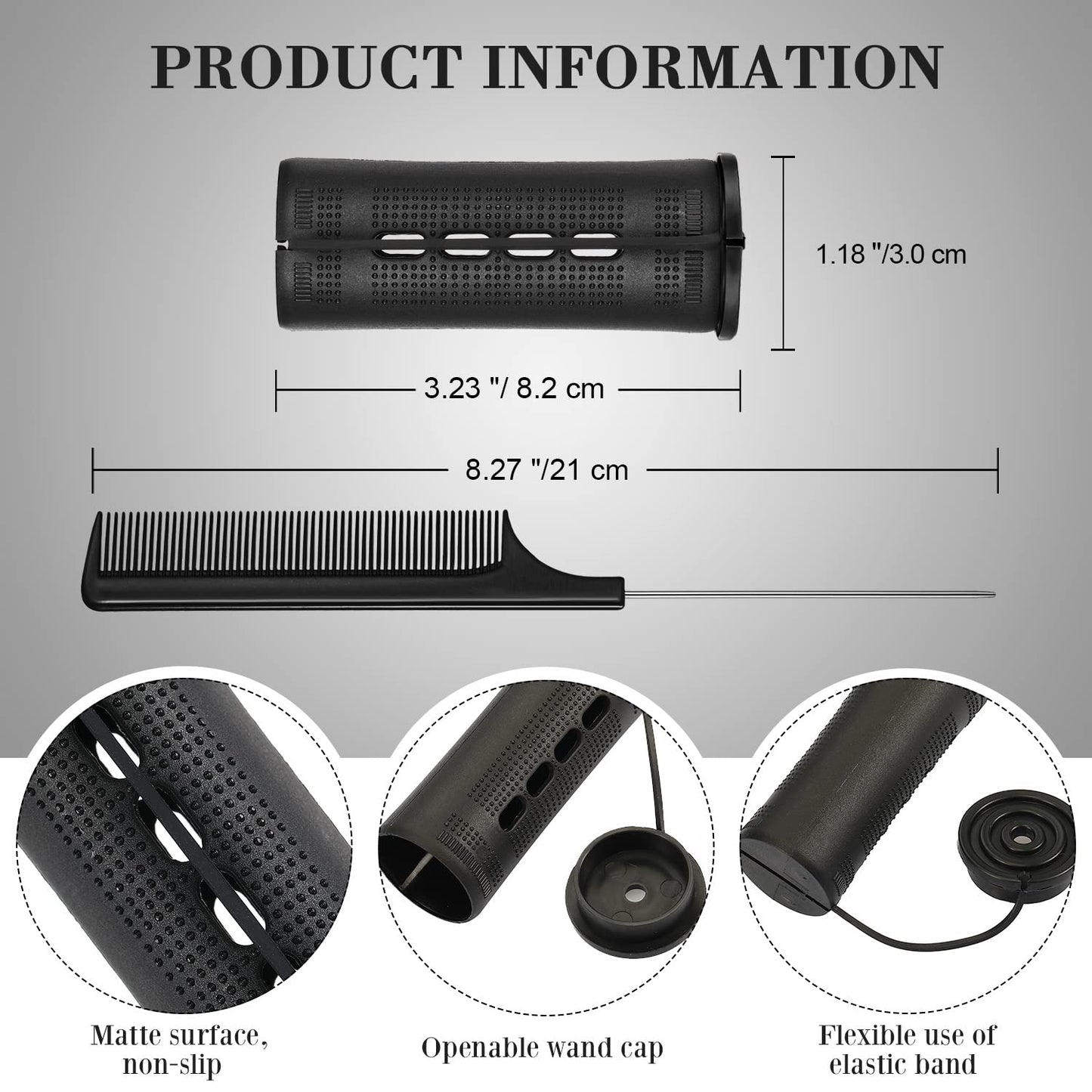 24 Pieces Hair Perm Rods Plastic Cold Wave Perming Curlers Hair Rollers with Steel Pintail Comb Rat Tail Comb Tools for Hairdressing Styling(Black,1.18 Inches)