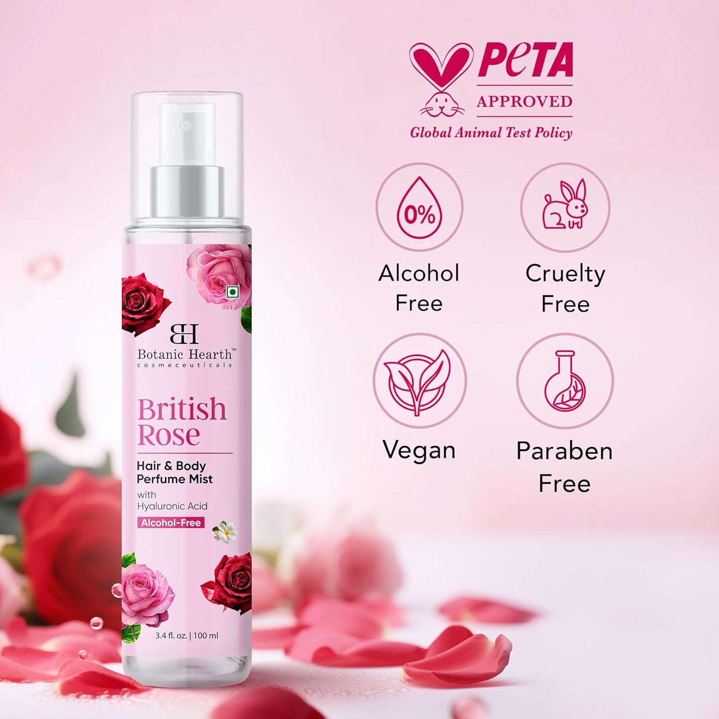 Botanic Hearth British Rose Hair Perfume & Body Perfume Mist with Hyaluronic Acid, Alcohol-Free, Refreshing & Hydrating Body Spray, Long Lasting Floral Fragrance, 100 ml / 3.4 fl oz