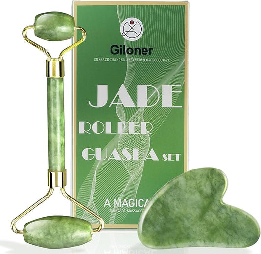 Guasha Tool for Face & Jade Roller for Face,Gua Sha Facial Tools for Reduce Puffiness and Improve Wrinkles,Green Jade Roller and Gua Sha Set Self Care Gifts for Women
