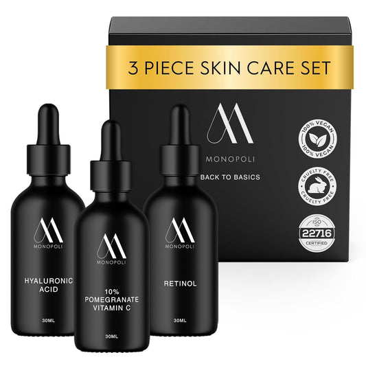 Monopoli Skin 3-Piece Anti-Aging Facial Skin Care Products | Vitamin C Serum, Hyaluronic Acid, Retinol | Complete Skin Care Sets & Kits | Face Serum for Women Anti Aging