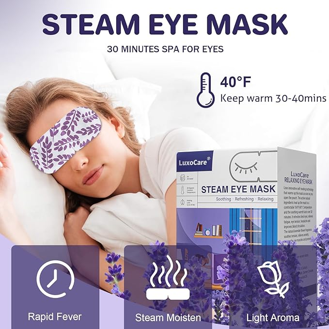 Steam Eye Mask - Self Heating, Moist Hot, Purple, Polyester, Disposable, Lightweight, Eye Mask for Puffy Eyes, Dry Eyes, Plane Travel Essentials, Great Gift for Students Adult