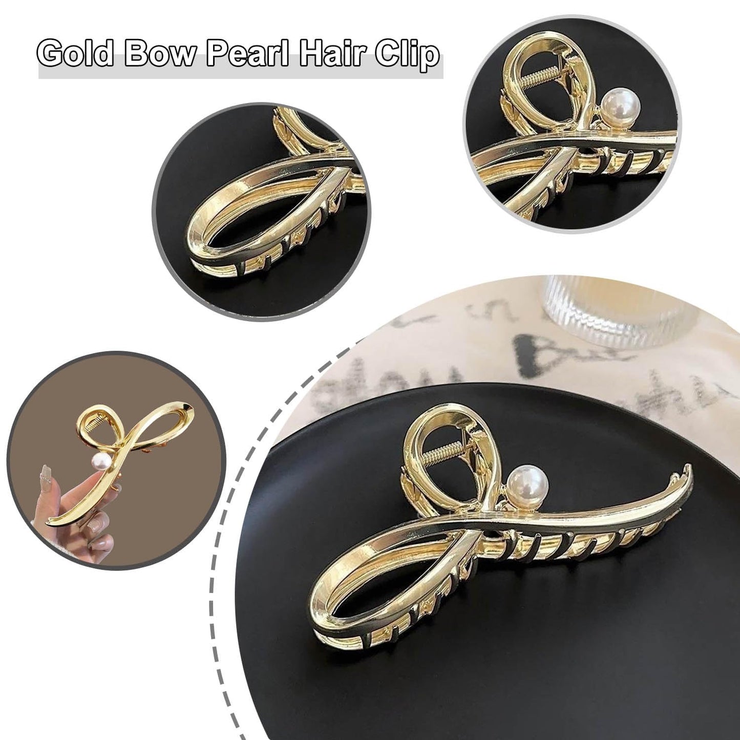 1Pcs Large Metal Hair Claw Clip for Women - Gold Bowknot Design with Pearls, Strong Hold for Long Thick Hair, No Slips Jaw Clamp for Hair Styling