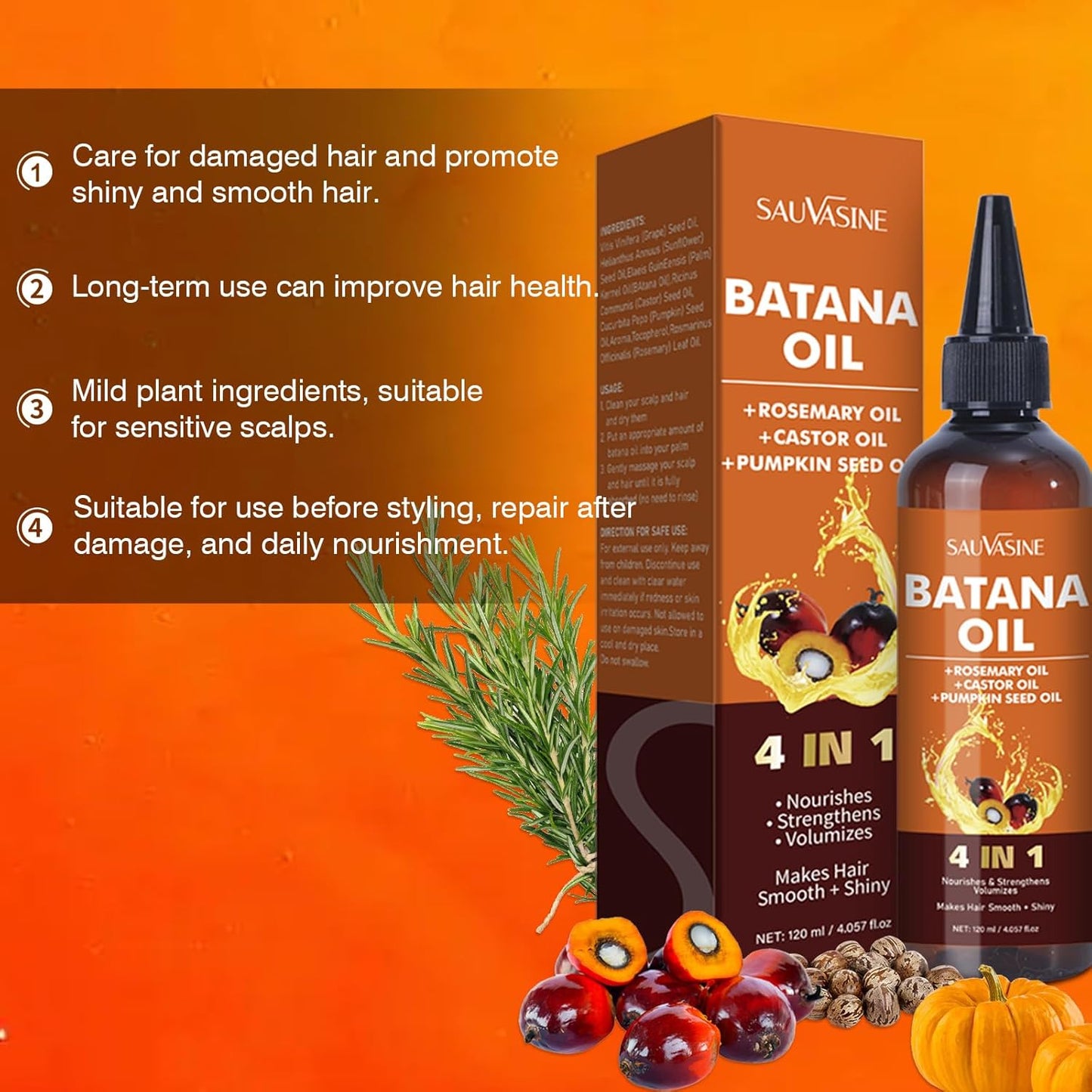 Organic Batana Oil for Hair Growth 4-in-1 Batana From Honduras with Rosemary,Pumpkin Seed,Castor Oil Deep nourishment,Strengthen Hair Roots Make Smooth&Shiny For Damaged Hair,Dry & Frizzy Repair 120mL