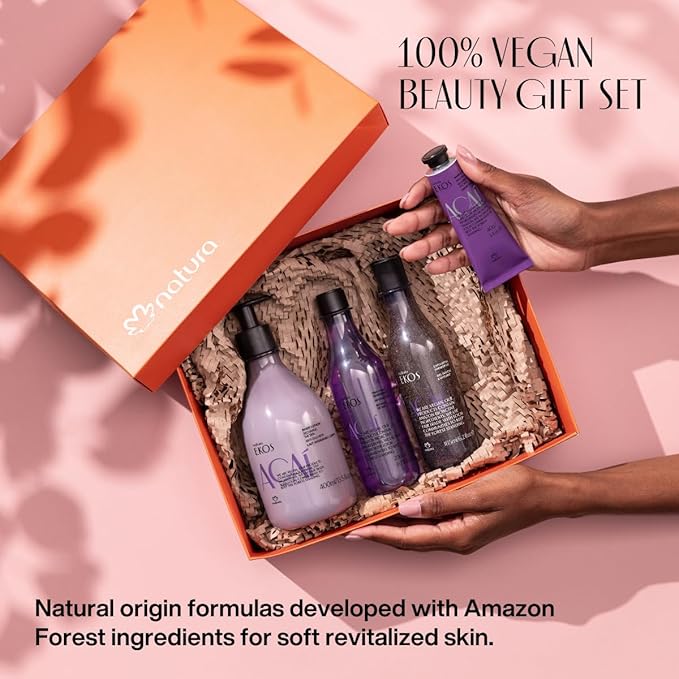 natura - Ekos Açaí Collection Bio-Beauty Gift Set (4 Products) - Body Lotion, Hand Cream, Shower Oil, and Shower Gel - Gift Box - Vegan Skin Care - Brazilian Beauty Secrets - Self Care & Body Care