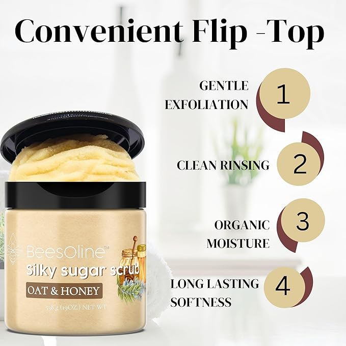 Sugar Scrub by BeesOline - Premium Fine Cane Sugar | OAT& & HONEY - Extra Large 20 oz, Convienent Flip-Top Lid, Organic Sunflower Oil & EXTRA VIRGIN COCONUT OIL for Smooth Gentle Exfoliation