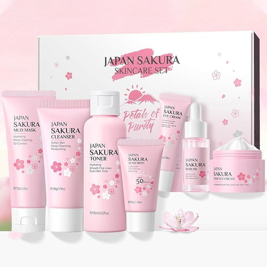 Skin Care Set JAPAN-SAKURA Women Beauty Gift Sets Skin Care Kit, Self-Care Skincare Set: Cleanser,Toner,Serum,Cream,Mud Mask,Eye Cream,Sunscreen, Facial Kit for Women Teen Girls Mom Daughter 7pcs