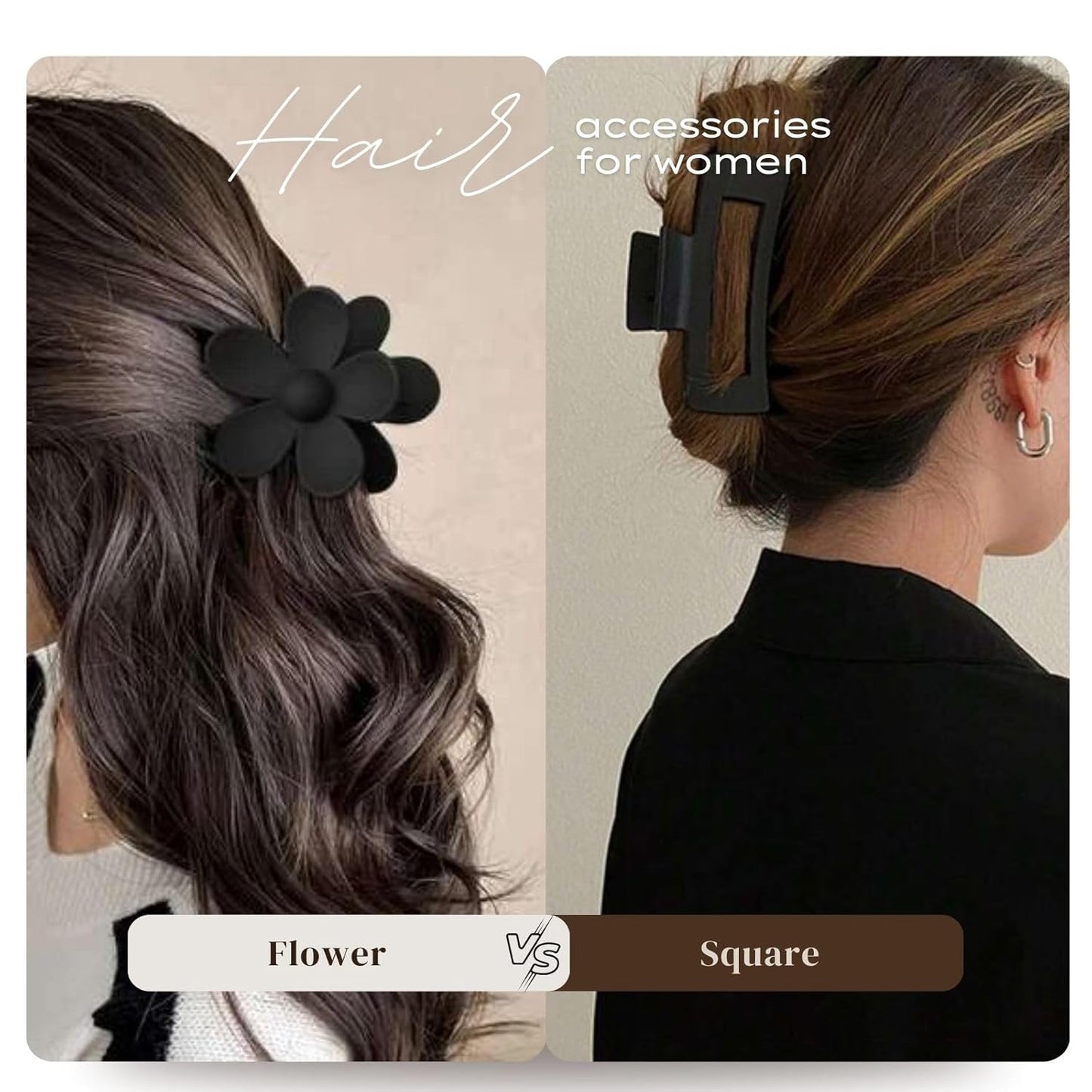 6 Pack Large Claw Clips for Women, Square & Flower Hair Clips for Thick Hair, Matte Neutral Colors