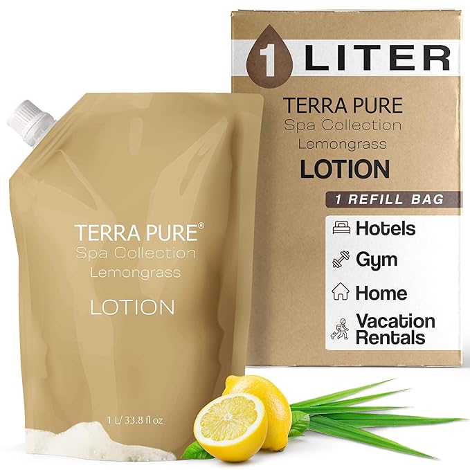 Terra Pure Spa Collection 1 Liter Lotion Refill Bag For Soap Dispensers | Bulk Toiletries for Vacation Rentals, and Home Bathroom Showers | Green Tea Lemongrass | Single