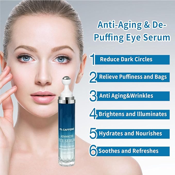 5% Caffeine Eye Serum for Dark Circles,Under Eye Cream with 360°Eye Roller for Eye Bags & Puffiness- Eyes Treatment Serum for Women Create a Natural Charm for Your Eyes(0.76 fl. oz.)