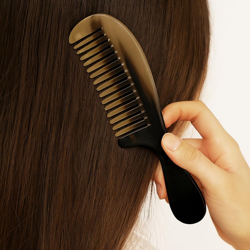 Natural Buffalo Horn Wide Tooth Comb, 8 Inch, Handcrafted Hair and Beard Detangling Comb, Black and Marbled
