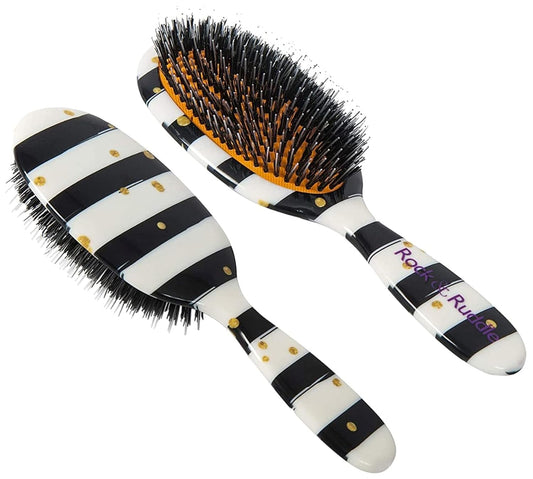 Rock & Ruddle Natural Mixed Bristle Hair Brush for Women and Kids (Large, 21cm) - Perfect for Wet or Dry Hair, Detangling Smoothing Blowdrying - Designed & Made in UK - Black & White Stripes