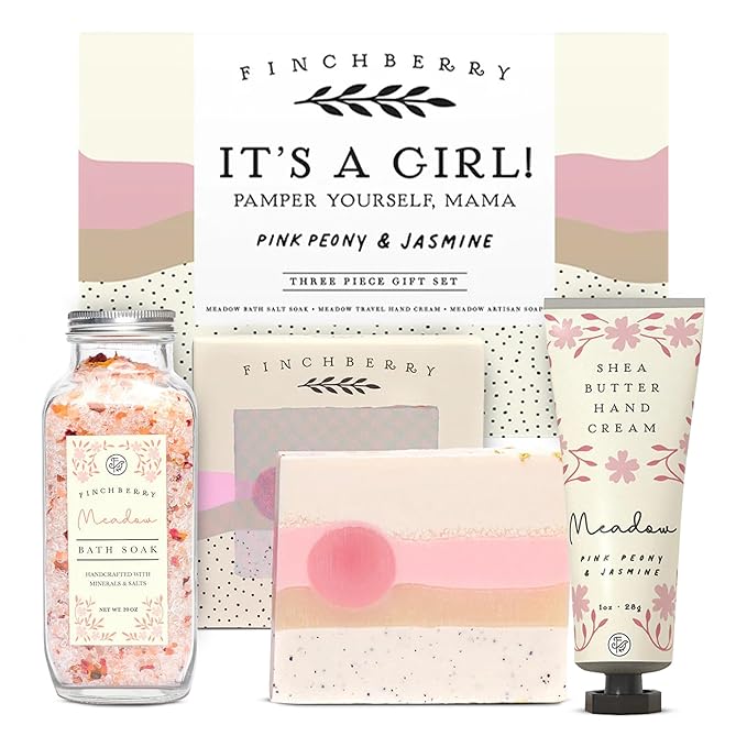FinchBerry 3-Piece Gift Set - It’s A Girl! Baby Shower Gift, New Mom Care Package, First-Time Mom Gifts, Baby Girl Gift – Includes Handmade Shea Butter Soap(4.5oz), Bath Soak (20oz) & Hand Cream (1oz)