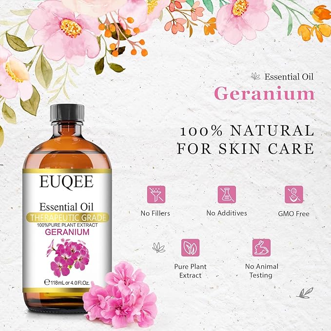 Geranium Essential Oil 118 ml Pure Geranium Oil with Dropper for Diffusers, DIY, Skin Care, Massage, Aromatherapy (4 fl oz)