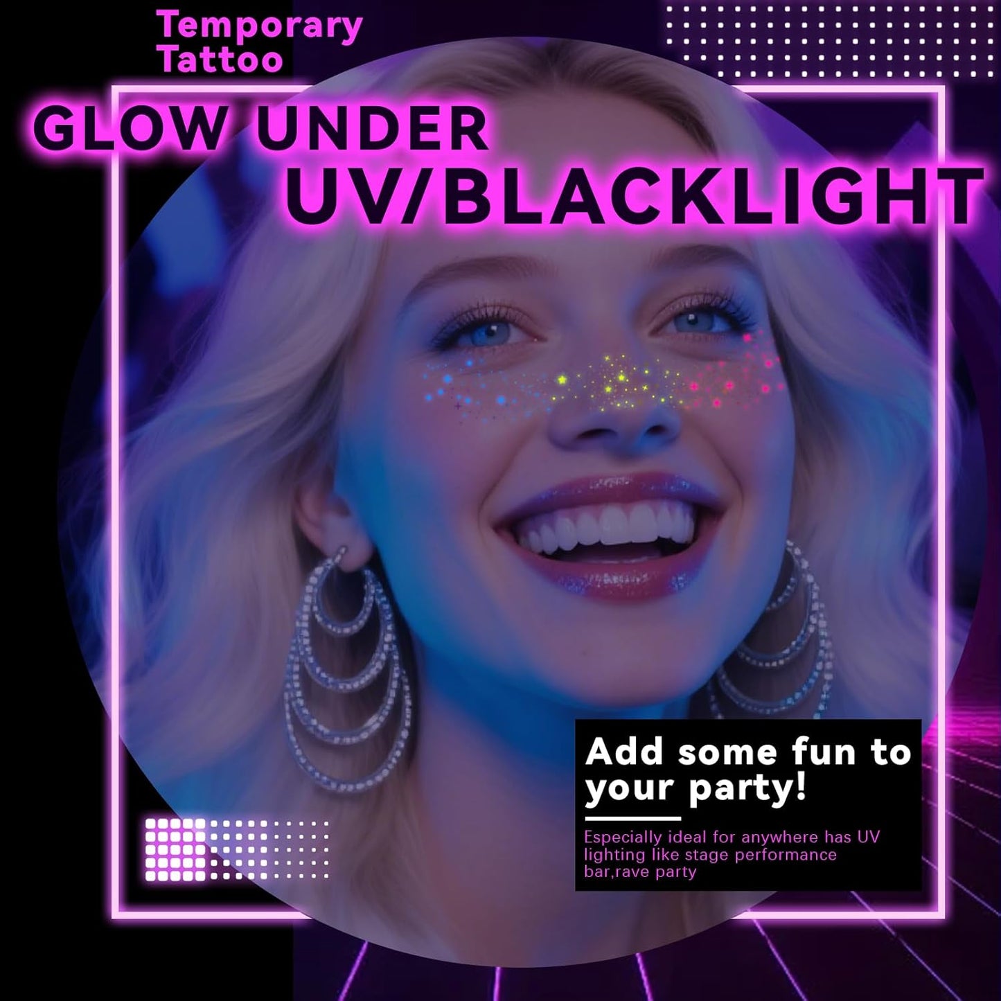 Noerrors 6pcs Rainbow Freckles Face Tattoo Sticker Glow under UV Light Blacklight in the Dark, Neon Fluorescent Glitter Colorful Star Fake Faux Freckle Temporary Patches Makeup for Party Supplies #02