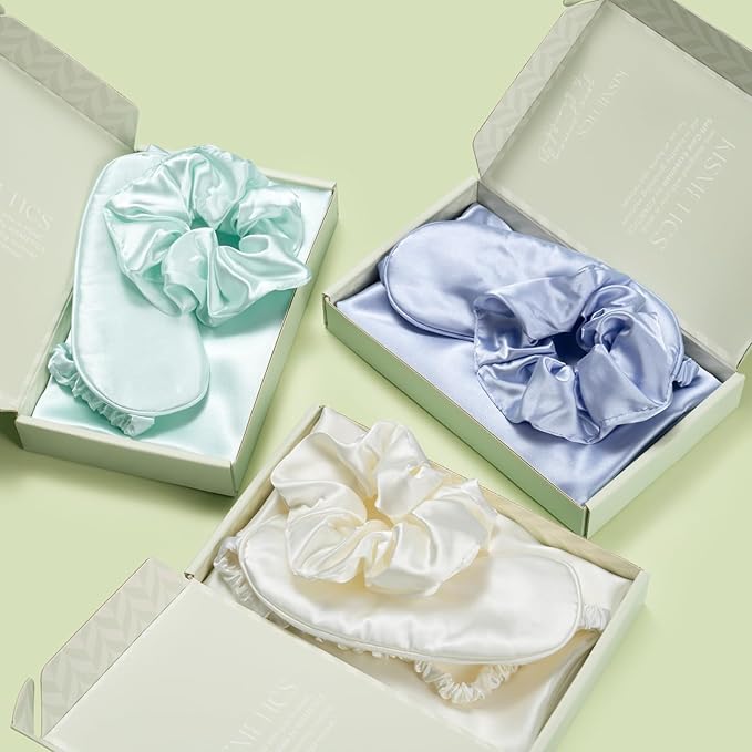 Vegan Silk Sleep Set, Silky Pillowcase with Large Scrunchie and Eye Mask for Hair and Skin, Self Care Essential Satin Night Routine Kit (Cream Color)