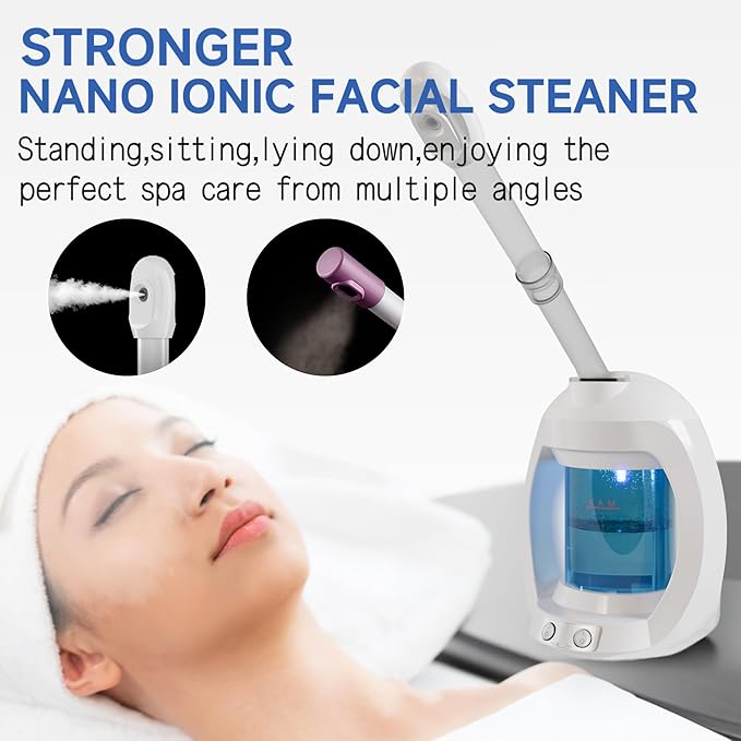 Facial Steamer-Face Steamer for Facial Deep Cleaning, Vaporizador Facial for Esthetician and Nano Ionic Hot Steam for Face, Professional Facial Steamer with a Headband and Acne Needle Set.(Blue)