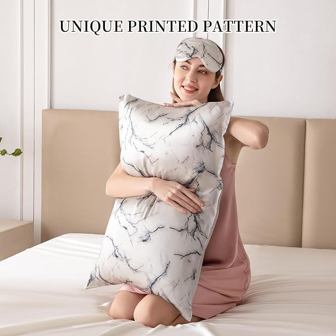 THXSILK Sleep Mask 100% 19 Momme Pure Mulberry Silk Super Smooth Cooling Decorative Sleep Eye Mask Blackout Eye Cover with Wide Head Strap, Marble-Grey