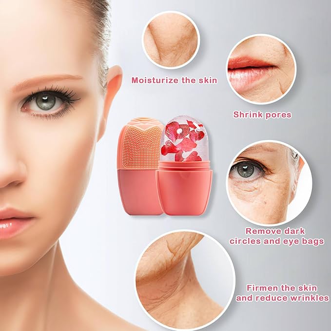 XHJRI Ice Face Roller Massager,Ice Cube Roller for Face, Eyes and Neck Naturally Conditioning and Skin Care,De-Puff Eye Bags,Reduce Migraine Pain,Reusable Massage Silicone Ice Mold (New Pink)