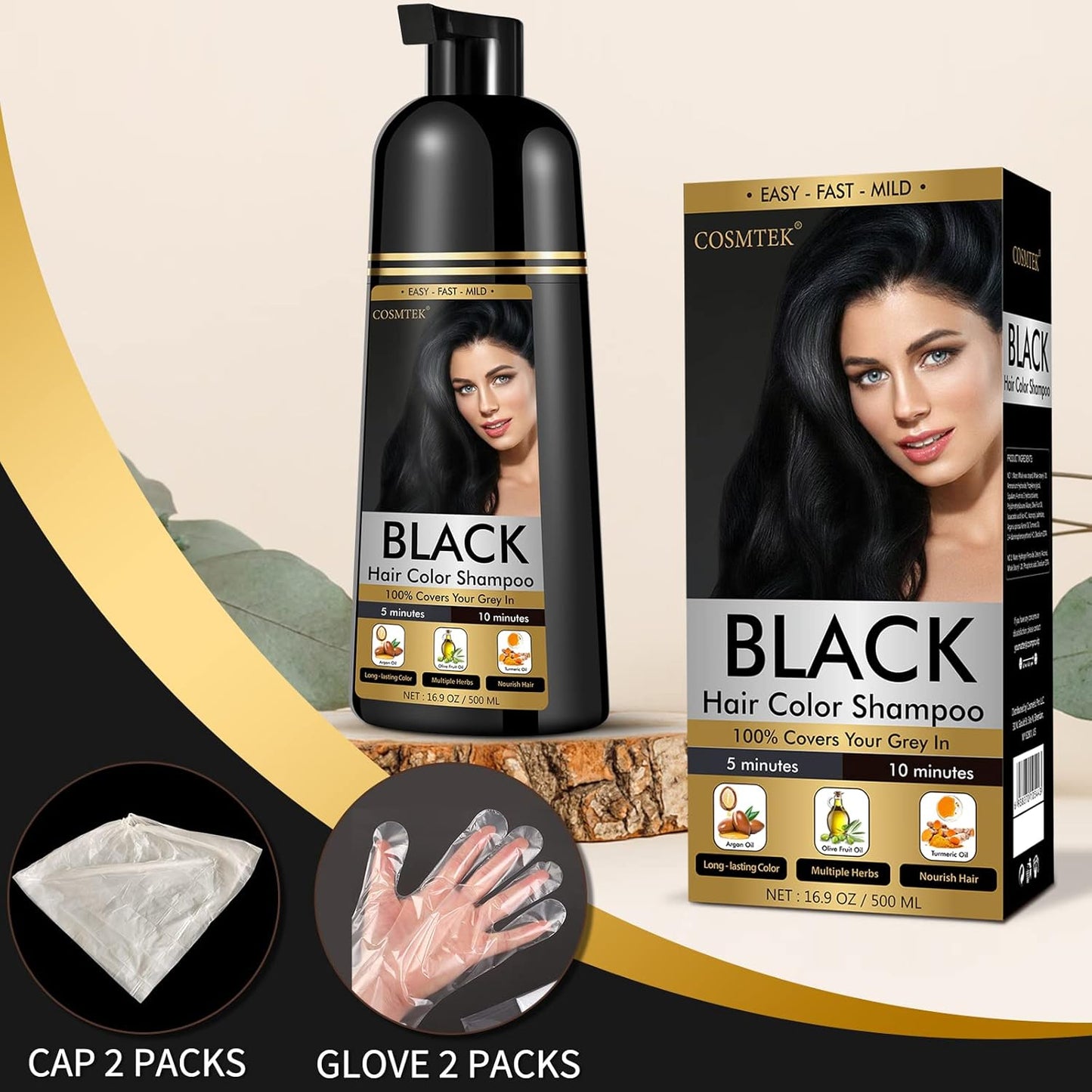 Black Dye Shampoo for Permanent Hair Color - Men&Women, Gray Coverage, Beard & Treated Hair, 3-In-1, 30 Days/500ml/Ammonia-Free/Natural Herbal