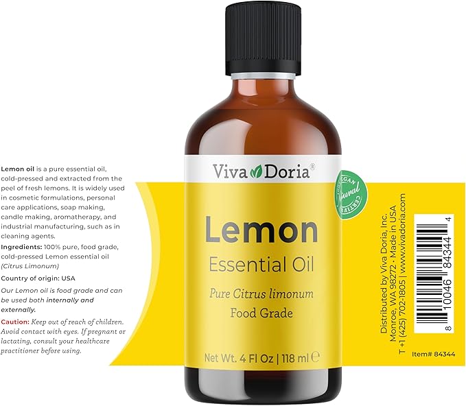 Viva Doria Lemon Essential Oil, 100% Pure, Natural Lemon Essential Oil, Undiluted, for Aromatherapy | Food Grade, 118 mL (4 Fluid Ounce)