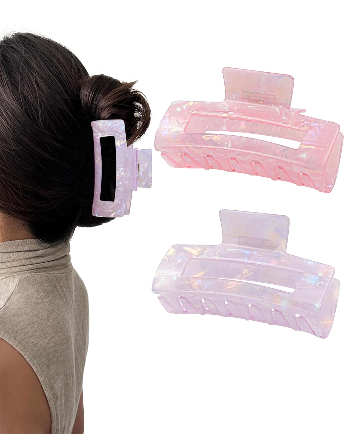 HOKEMP 2 Pack Acrylic Hair Claw Clips for Women, 3.93 Inch Large Non-Slip Strong Hold Rectangle HairClip for Thin Thick Hair (Color 3)